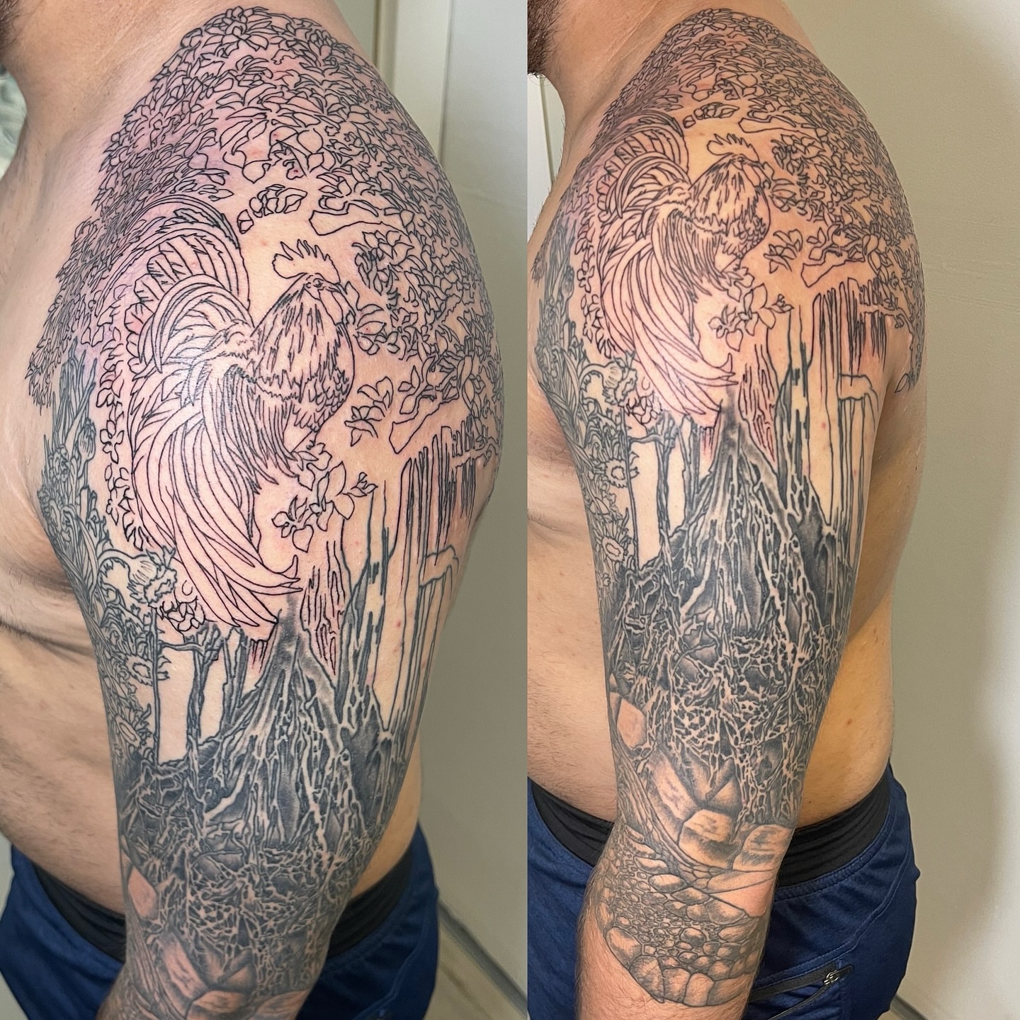 Forest and phoenix realism tattoo on the upper arm by Ashley Antolin