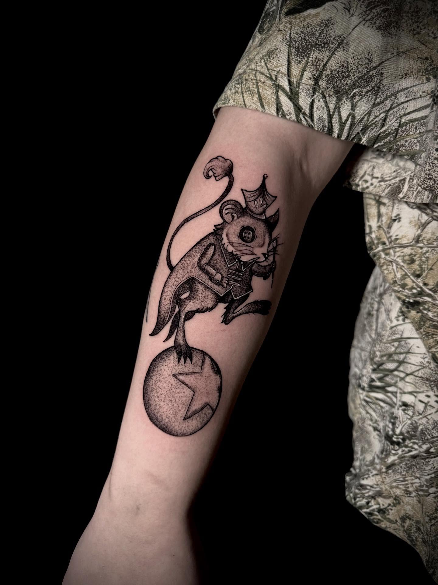 Mouse on ball dotwork tattoo on the forearm by Fire-Breathing Bitch Queen