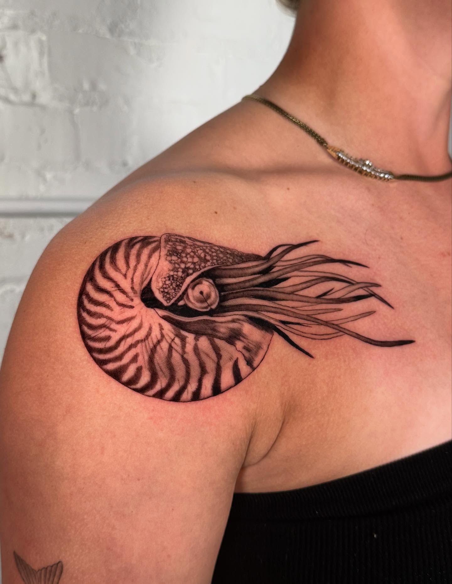 Squid realism tattoo on the shoulder by Hayley Jude