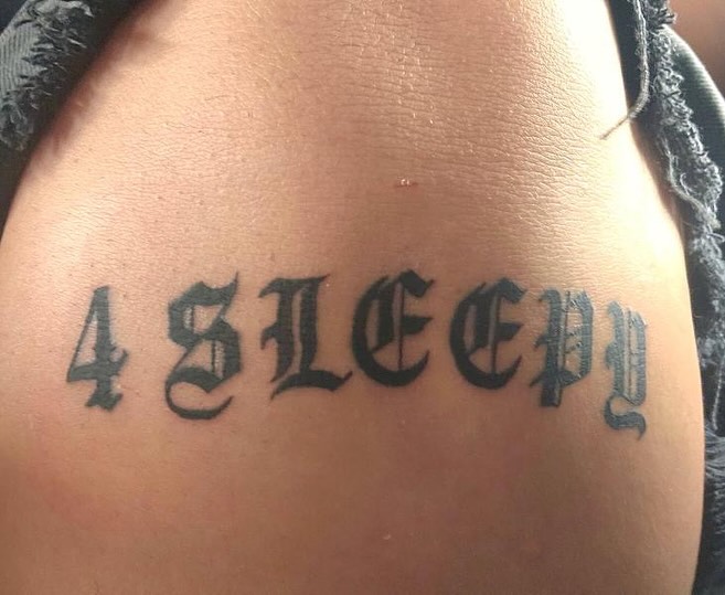4 sleepy lettering script tattoo on the shoulder by ☻︎ Cyd Precious ☹︎