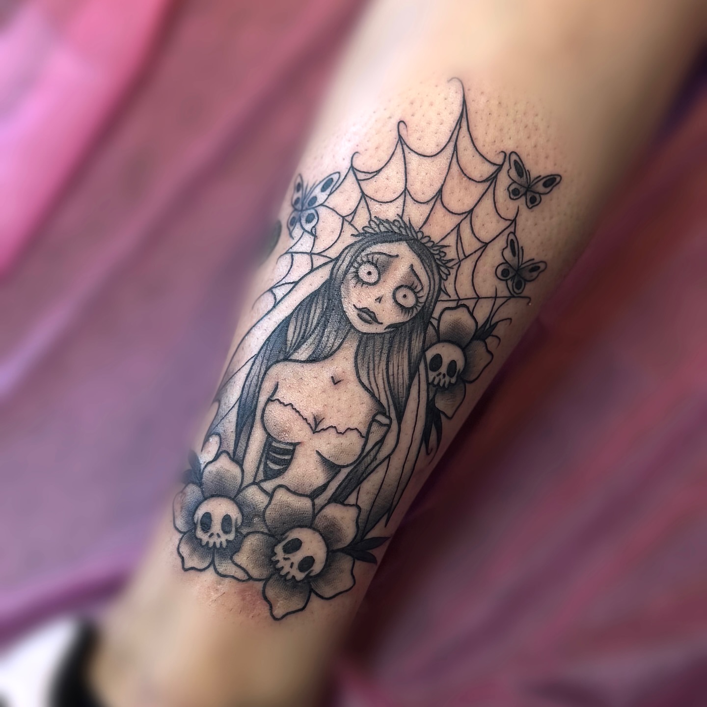 Girl with butterflies dark realism tattoo on the forearm by juice🕷tattoo artist
