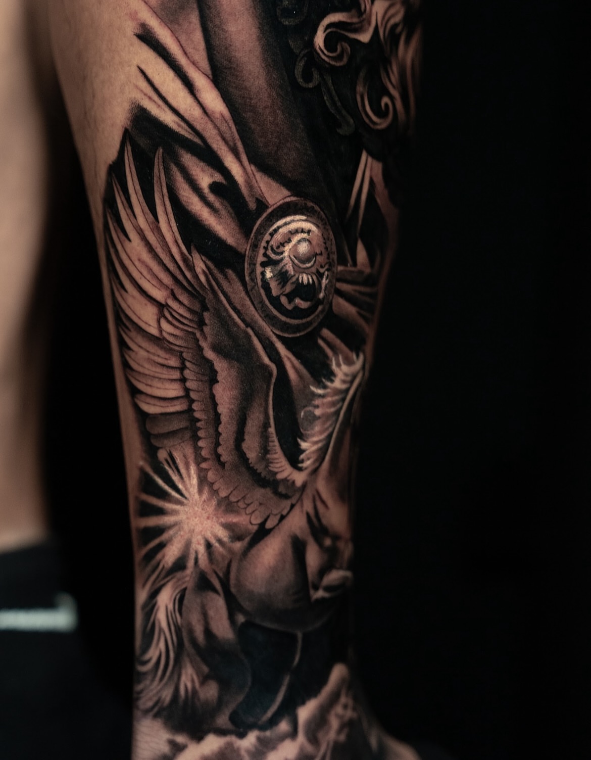 Winged creature realism tattoo on the forearm by Natalie Shaw
