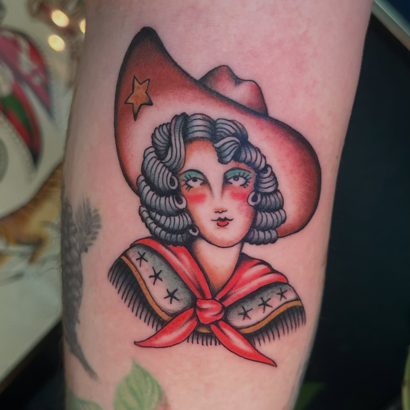 Cowgirl American traditional tattoo on the forearm by Max Peterson