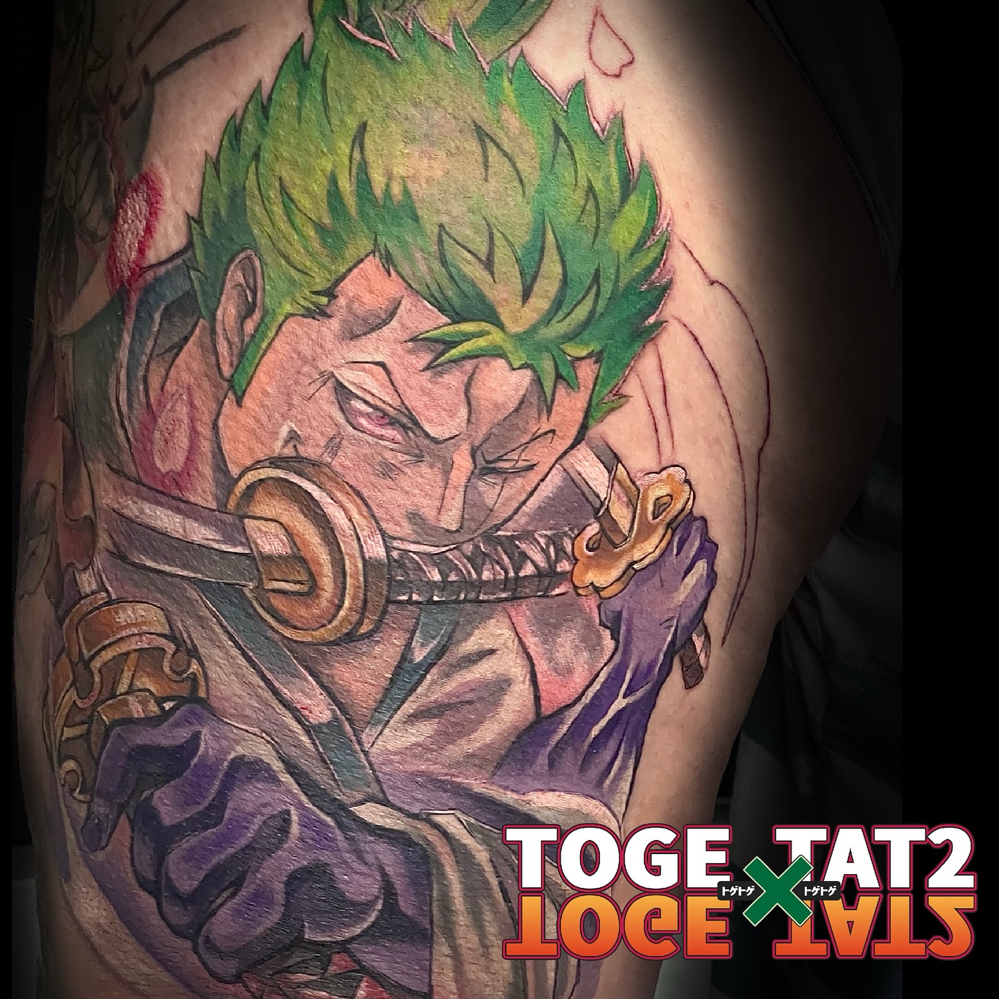 Zoro anime tattoo on the thigh by Airi