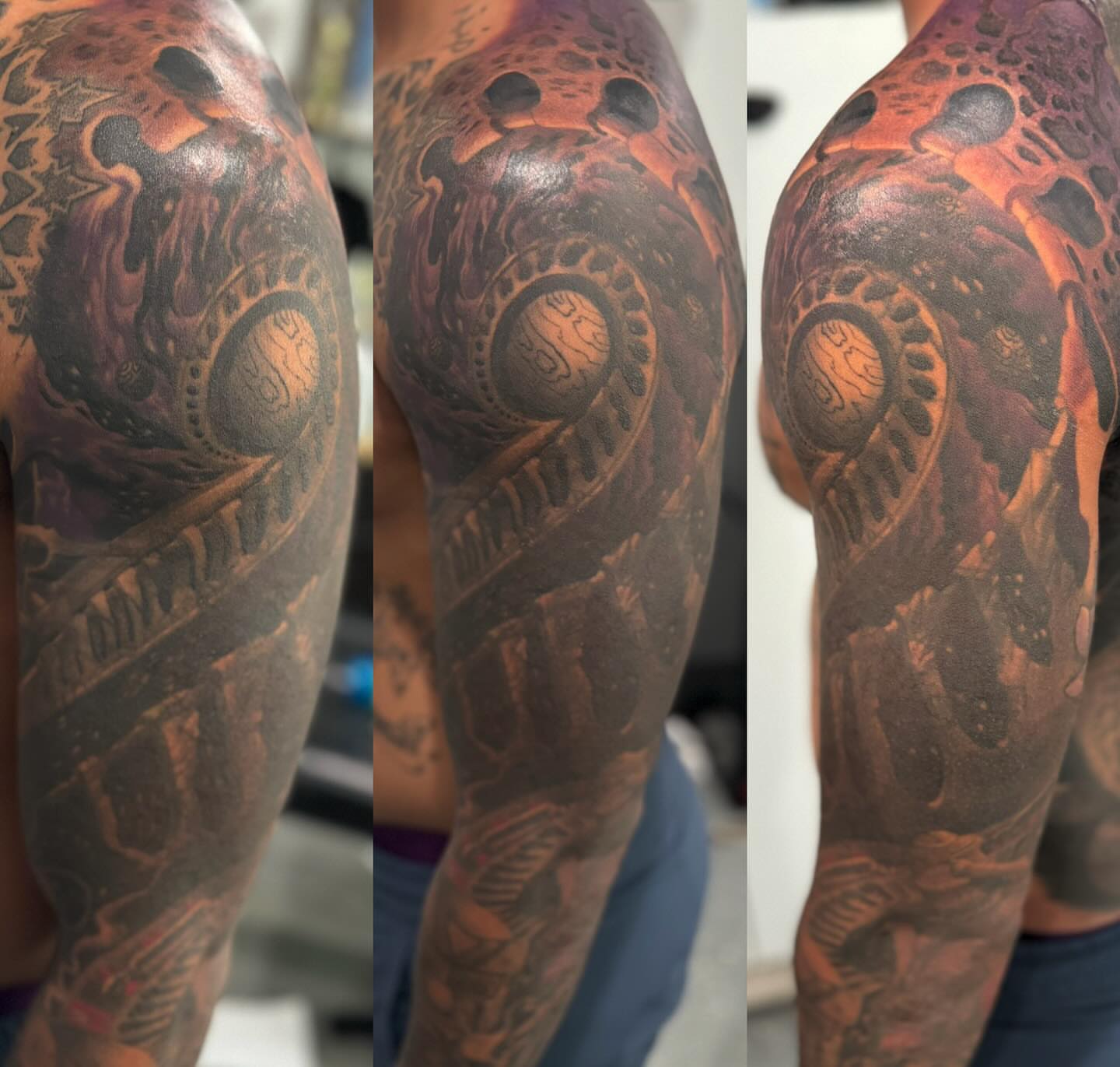Mechanical gear dark realism tattoo on the upper arm by marcus labonne
