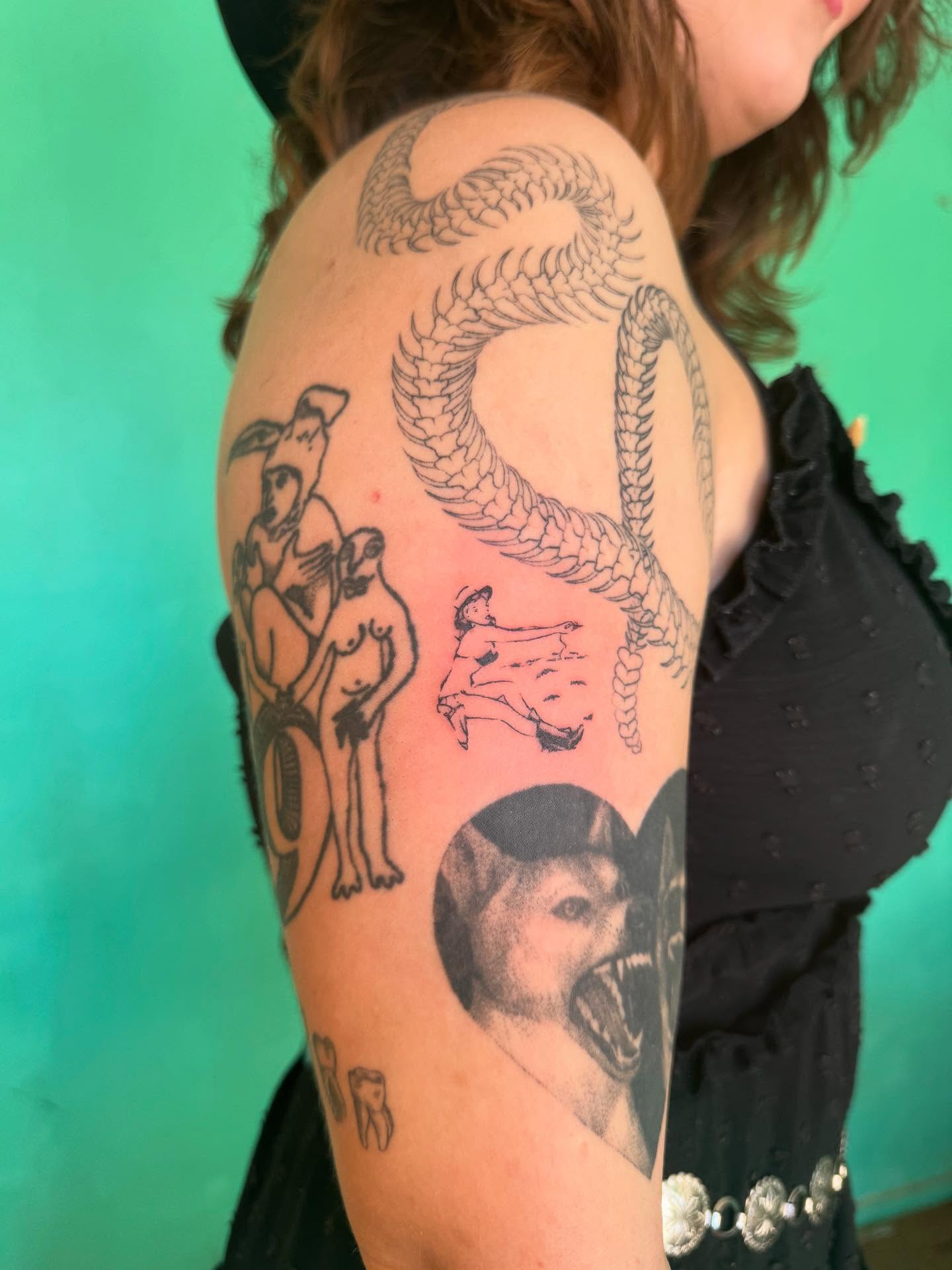 Mythological figures and snake realism tattoo on the shoulder by Maddie Hammell