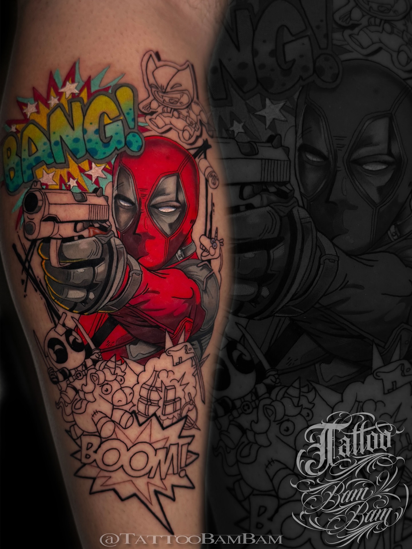 Deadpool new school tattoo on the forearm by Tattoo Bam Bam