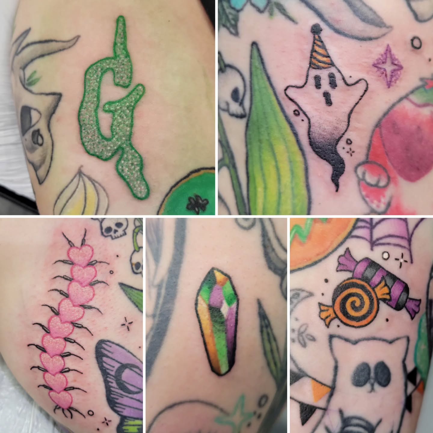 Glittery green letter G American traditional tattoo on the forearm by Jessica Czernics, Pittsburgh, Pennsylvania