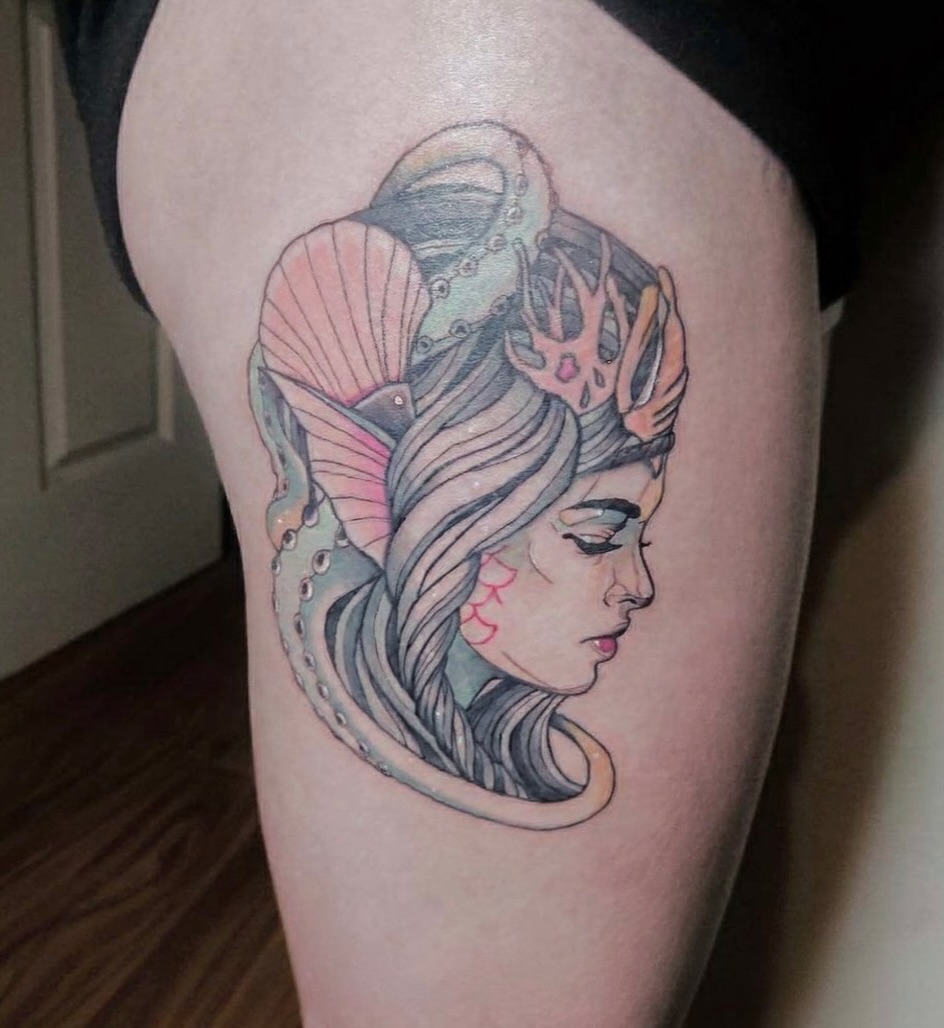 Mermaid illustrative tattoo on the thigh by Sydney Walk in Tattoo, Sydney, New South Wales