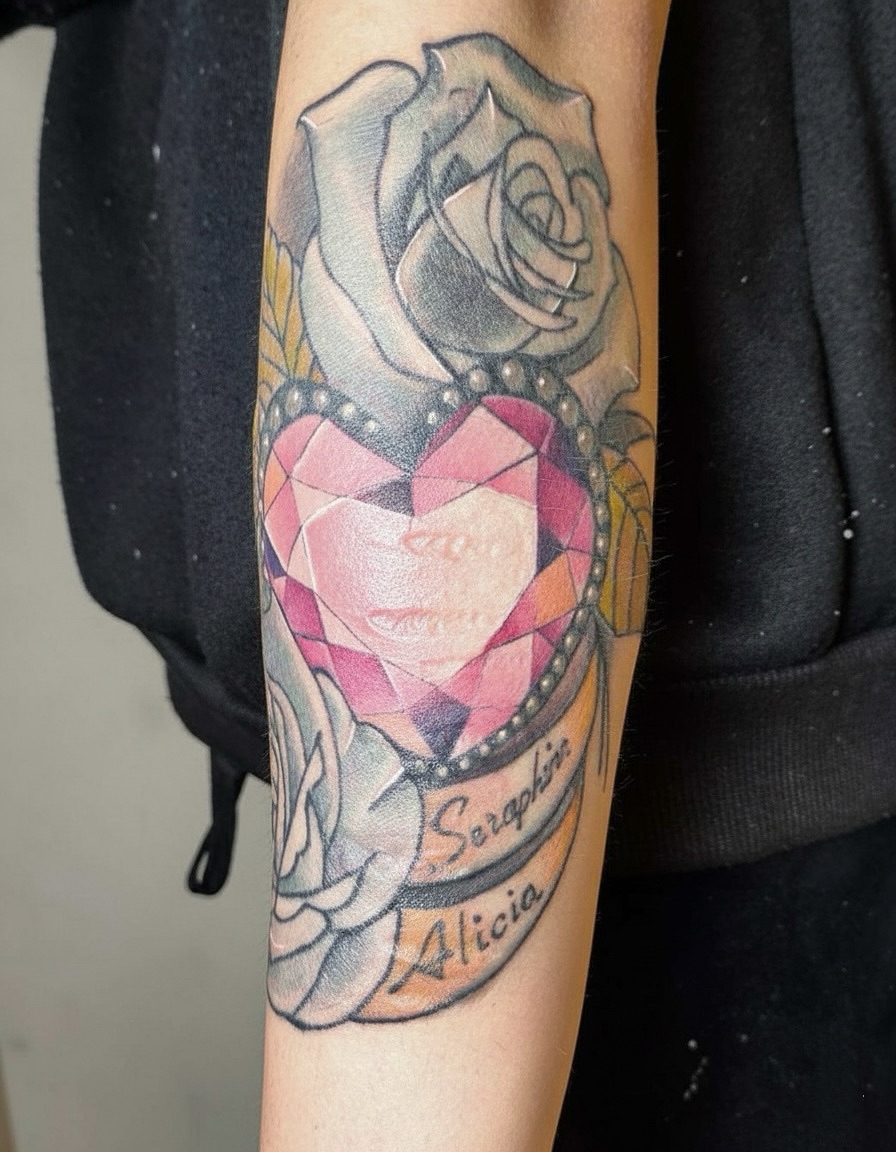 Heart with rose geometric tattoo on the forearm by Sydney Walk in Tattoo, Sydney, New South Wales
