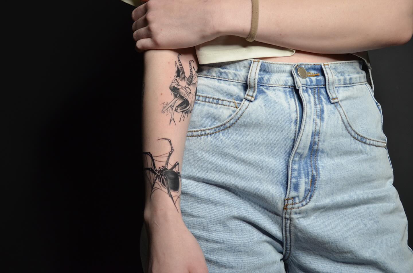 Spider black and grey tattoo on the forearm by Артем Летний
