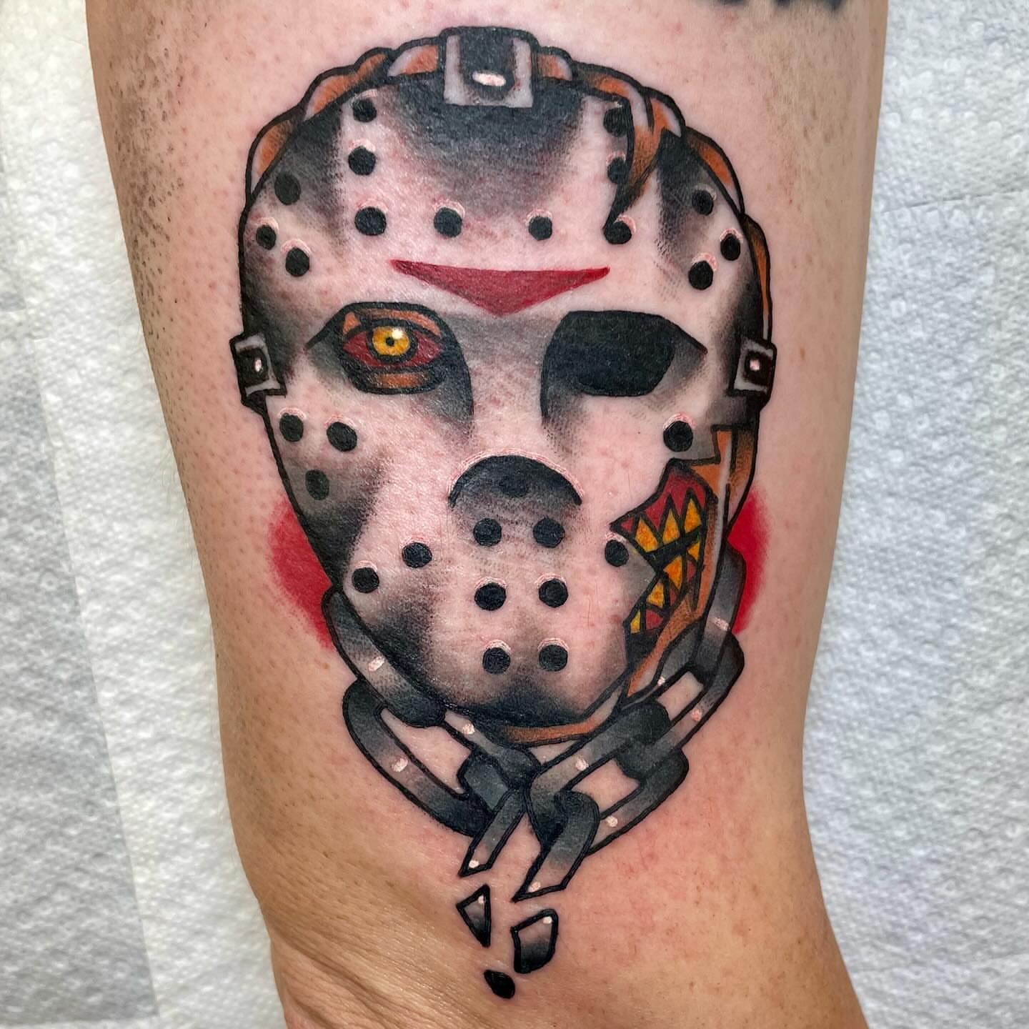 Jason voorhees mask dotwork tattoo on the forearm by Robert Morrow
