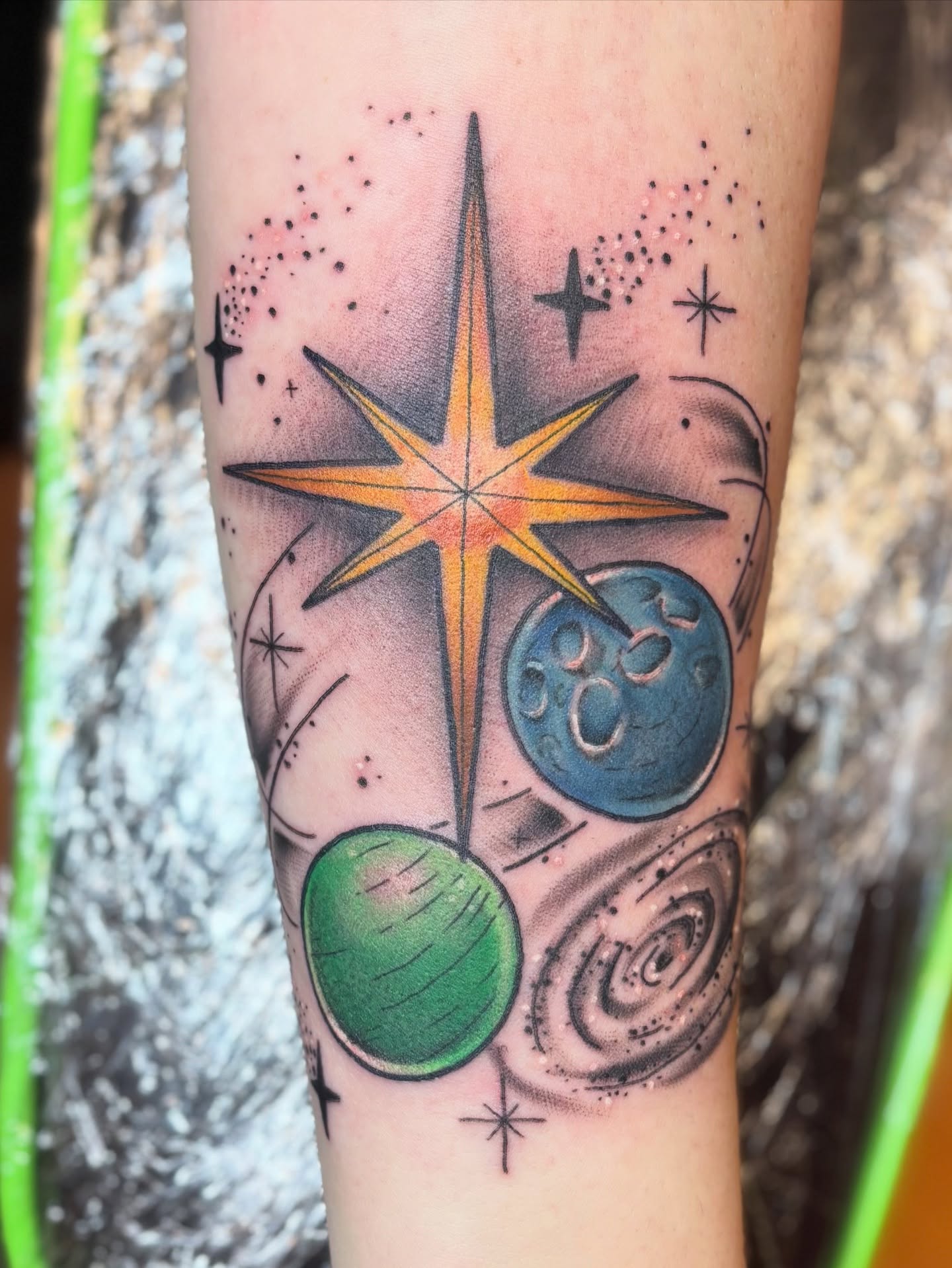 Space-themed tattoo dotwork tattoo on the forearm by Dee - MA Tattoo Artist, Concord, Massachusetts