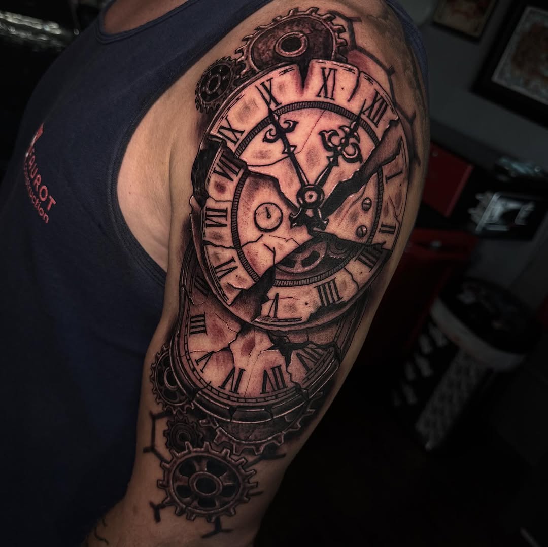 Broken clock and gears surrealism tattoo on the shoulder by Mtctattoos