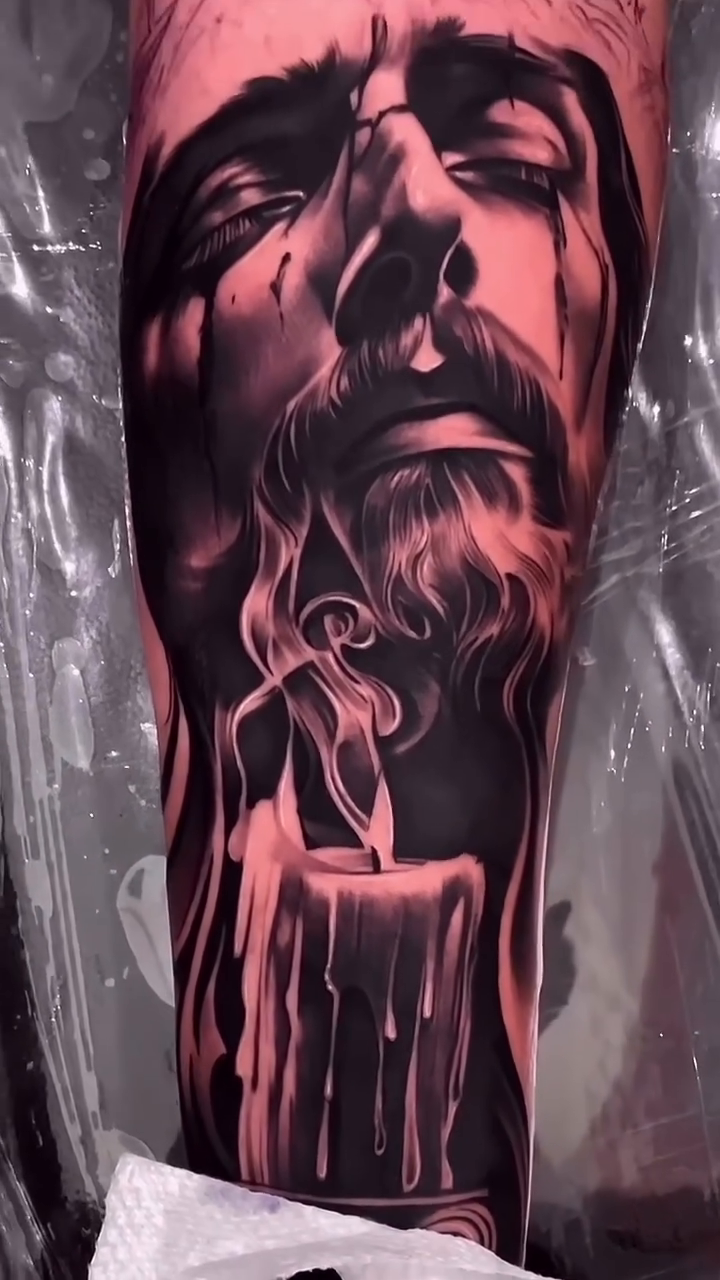 Man's portrait and candle realism tattoo by Erick Gutierrez, Las Vegas, Nevada