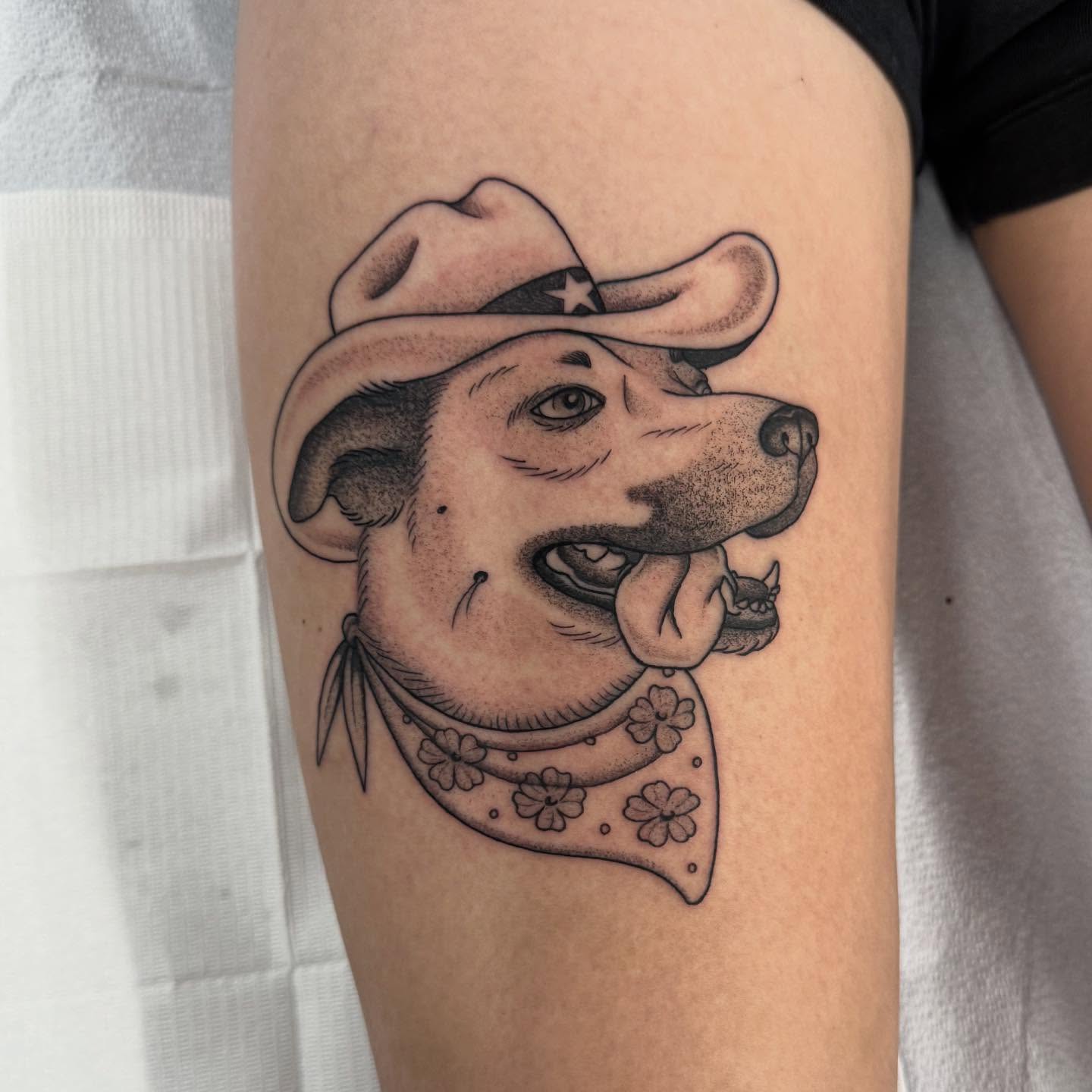 Dog wearing cowboy hat dotwork tattoo on the forearm by Sierra Hiddleson- Phoenix Arizona Tattoo