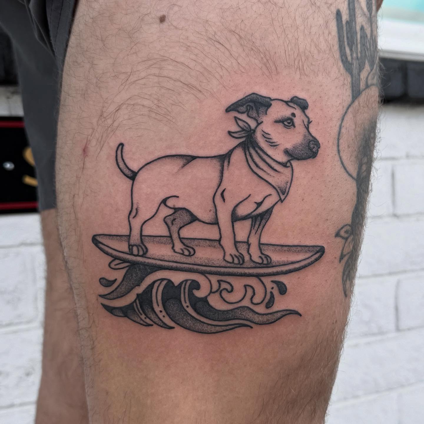 Dog surfing dotwork tattoo on the thigh by Sierra Hiddleson- Phoenix Arizona Tattoo