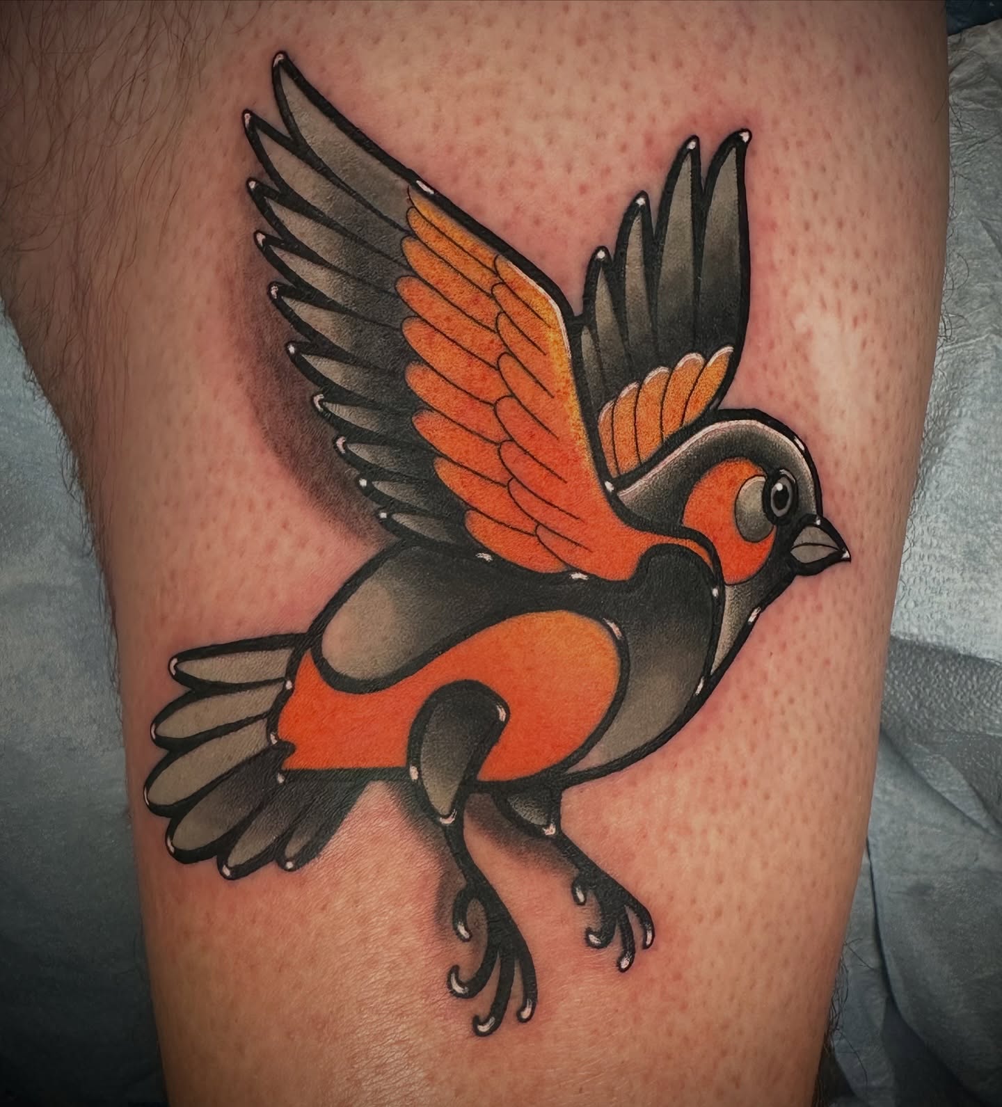Bird American traditional tattoo on the thigh by B.G. Germershausen