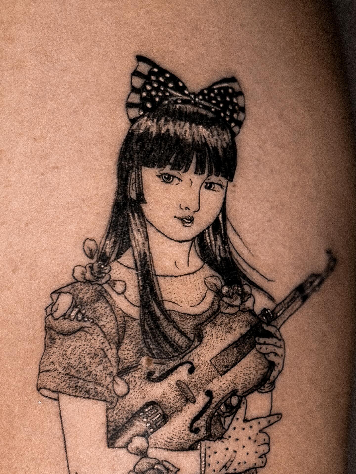 Anime girl with violin anime tattoo on the forearm by 조조