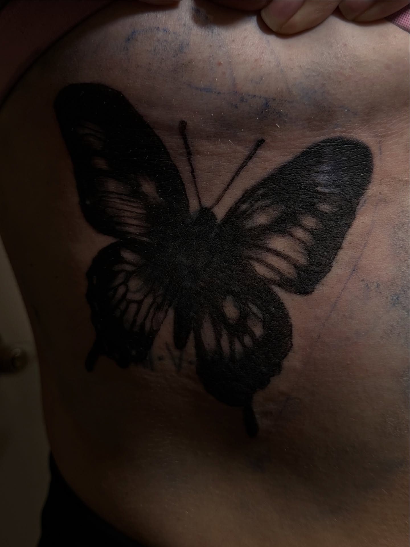Butterfly black and grey tattoo on the chest by Ink’d by Reina 🖤, Colorado Springs, Colorado
