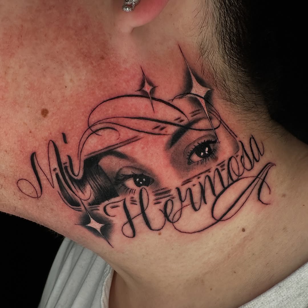 Eyes and script lettering Chicano tattoo on the neck by christina diaz