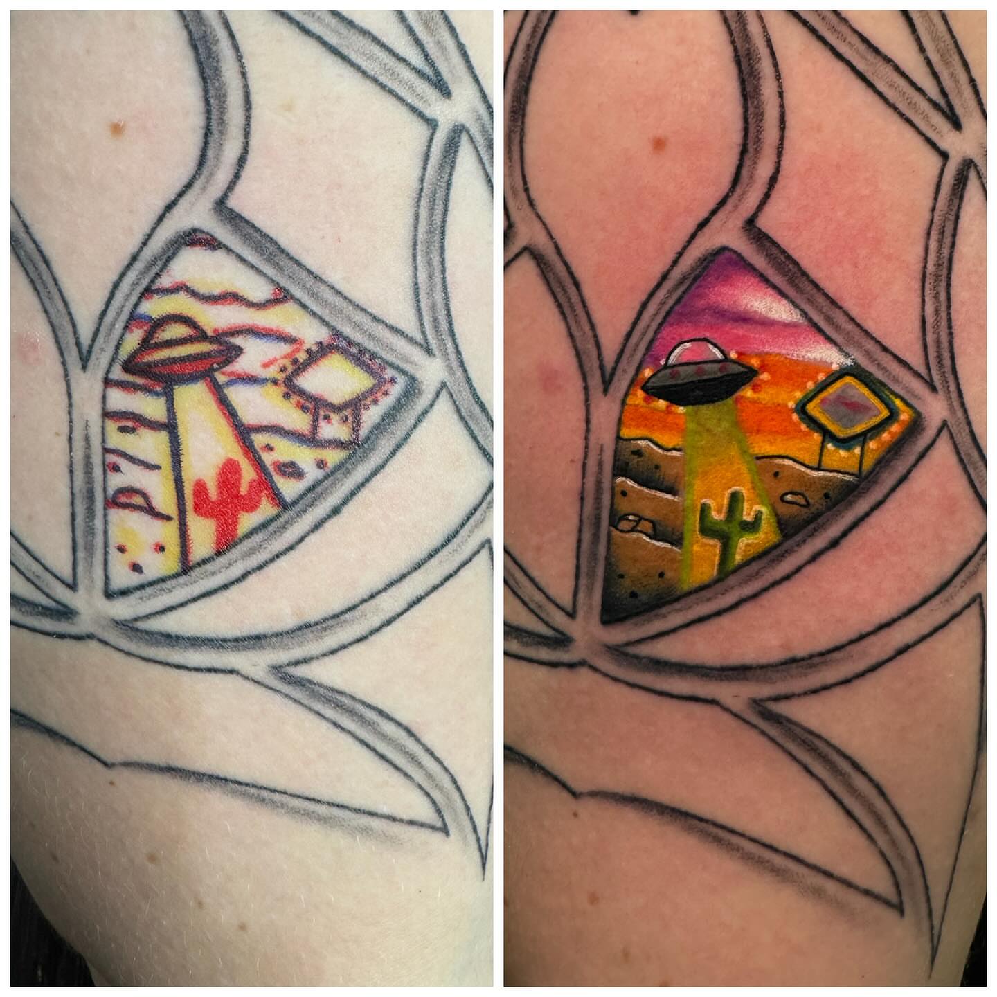 Desert landscape with UFO geometric tattoo on the forearm by Brian Herrera
