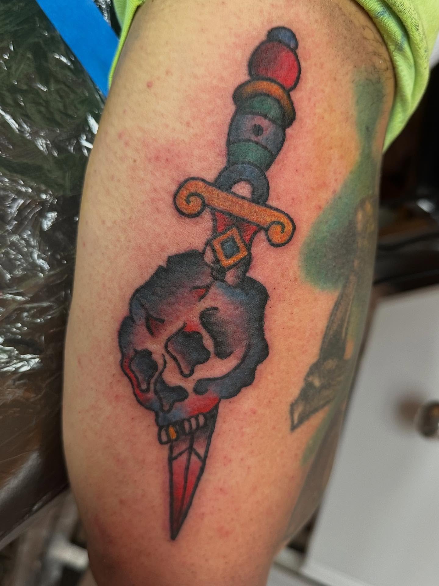 Sword through skull American traditional tattoo on the forearm by norawillstattoo