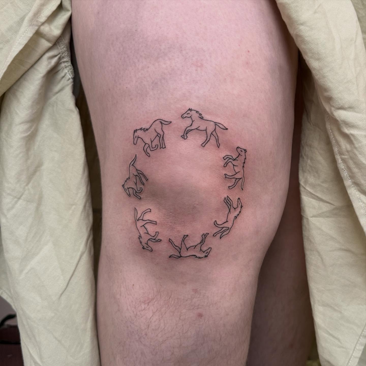 Horses in circle geometric tattoo on the thigh by house0fsleep 💤