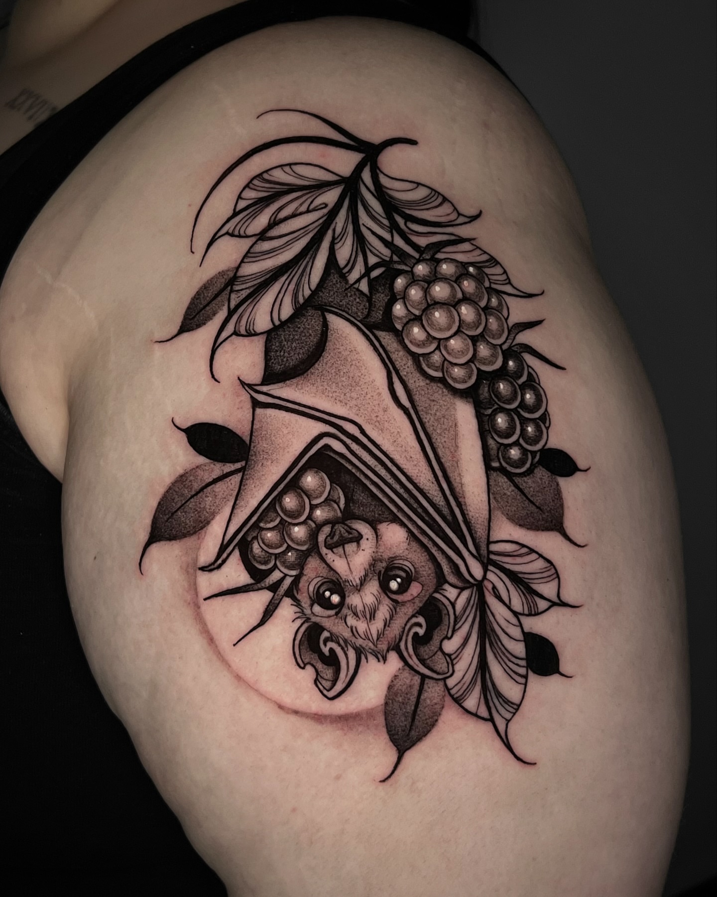 Bat and grapes American traditional tattoo on the shoulder by ๐ฒ๐ฐ๐ธ๐๐ป๐๐ฝ โก