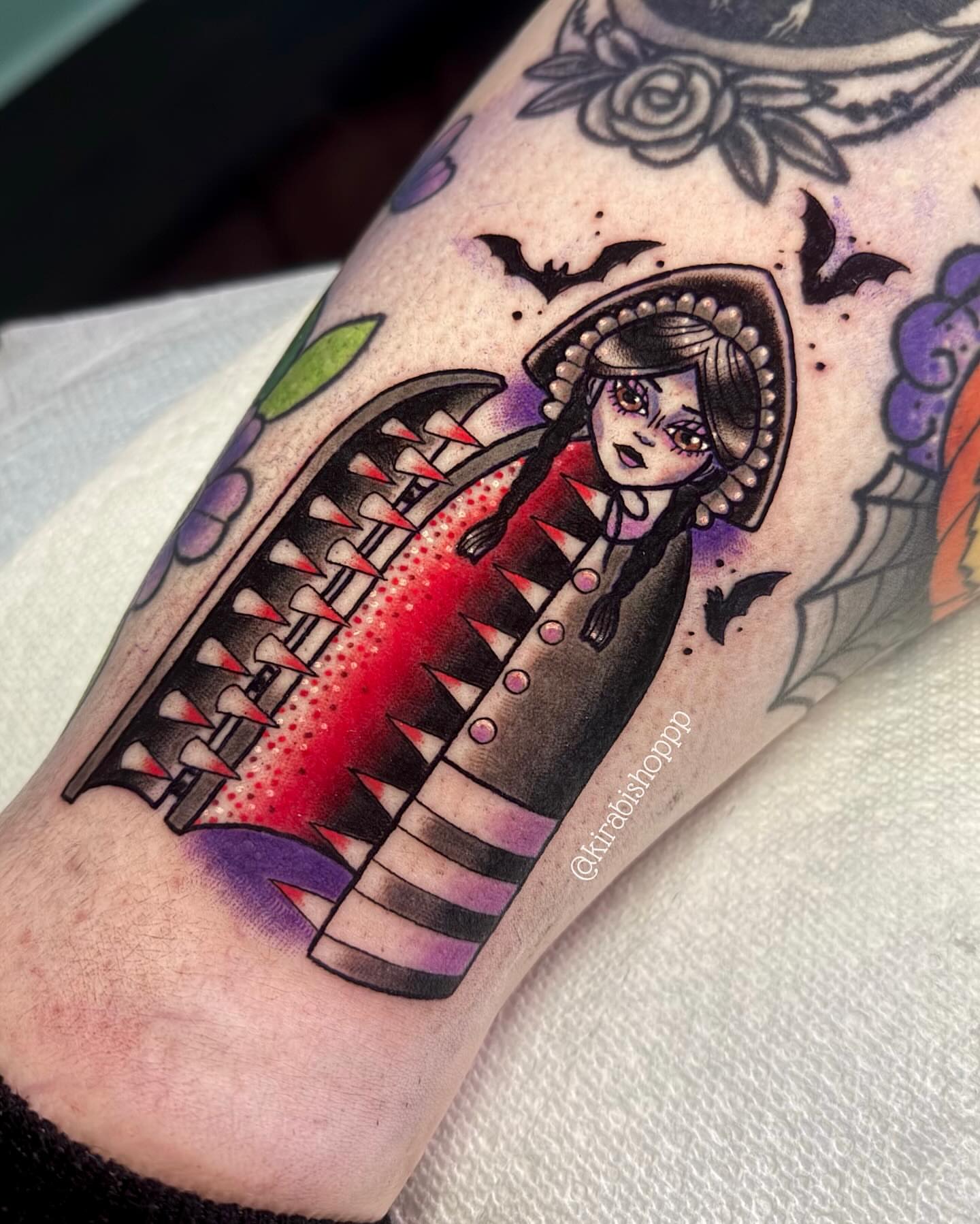Gothic woman with guitar American traditional tattoo on the forearm by 𝔎𝔦𝔯𝔞 𝔅𝔦𝔰𝔥𝔬𝔭