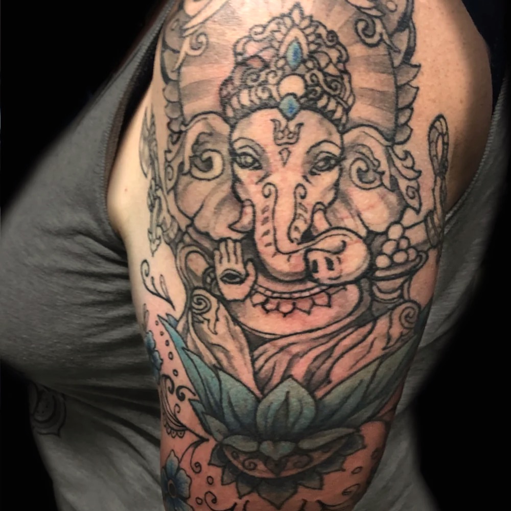 Ganesha neo-traditional tattoo on the shoulder by Dharm, Denver, Colorado