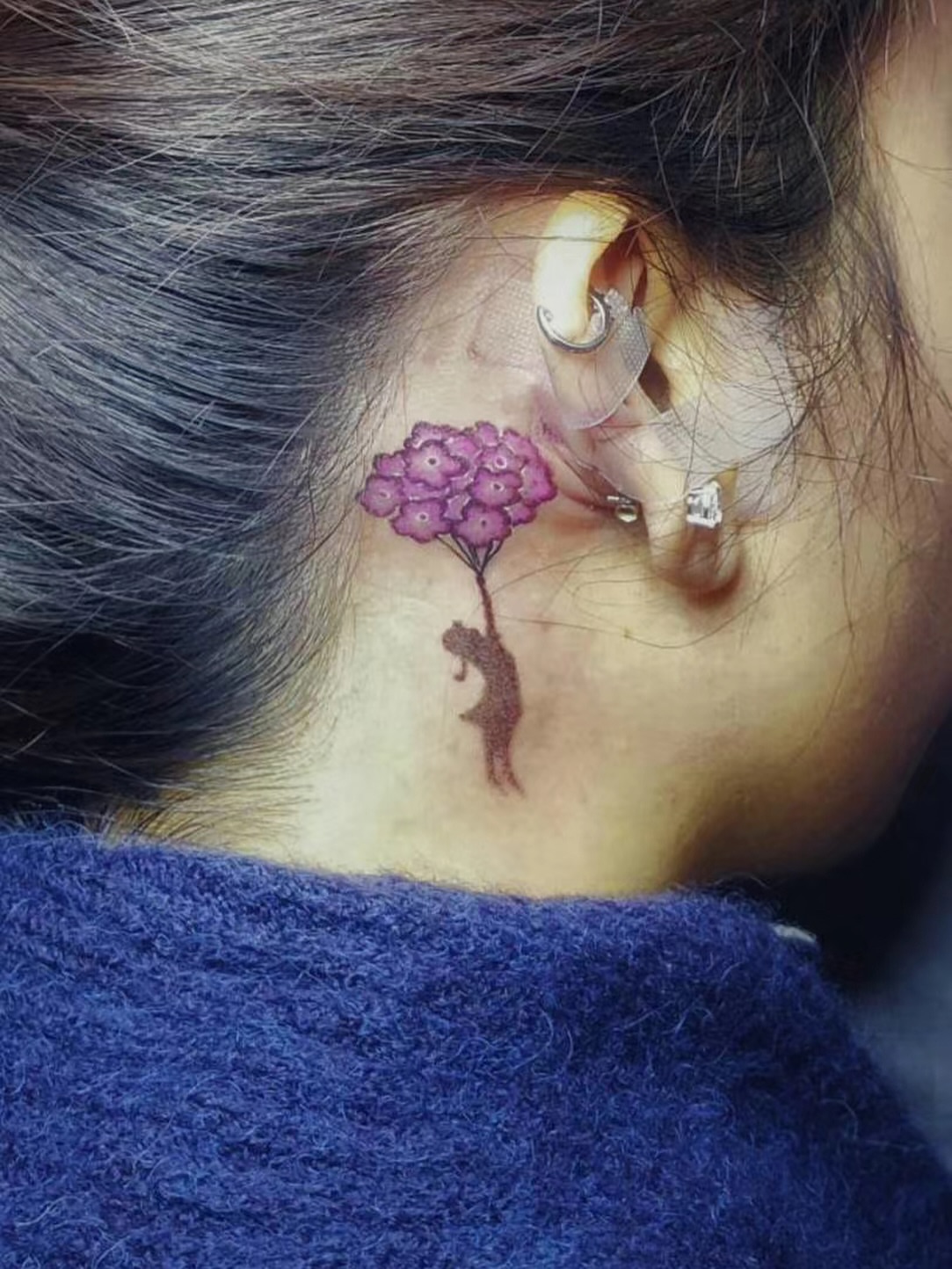 Flower and silhouette dotwork tattoo on the neck by Sydney Walk in Tattoo, Sydney, New South Wales