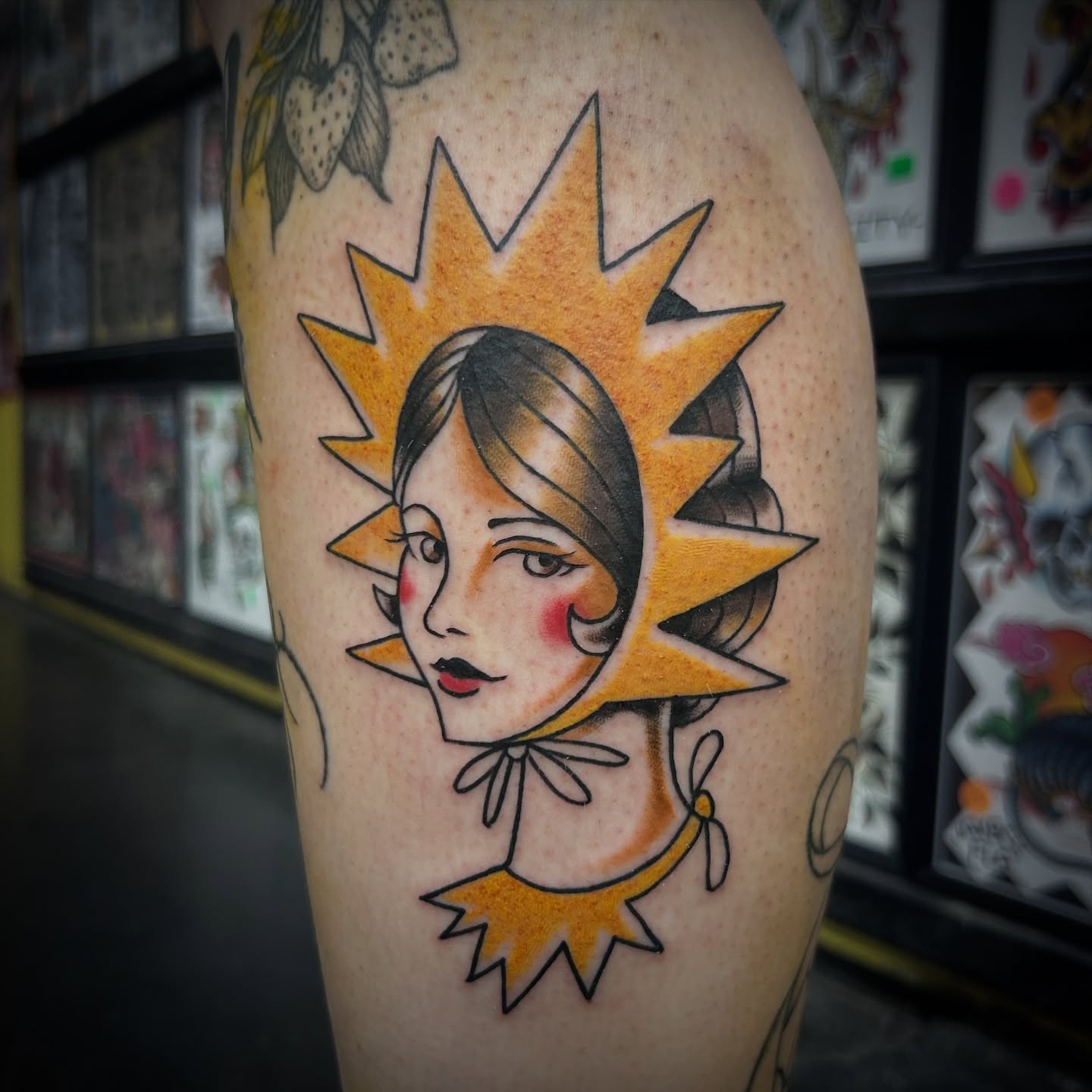 Sunburst woman American traditional tattoo on the forearm by キノ 🦊