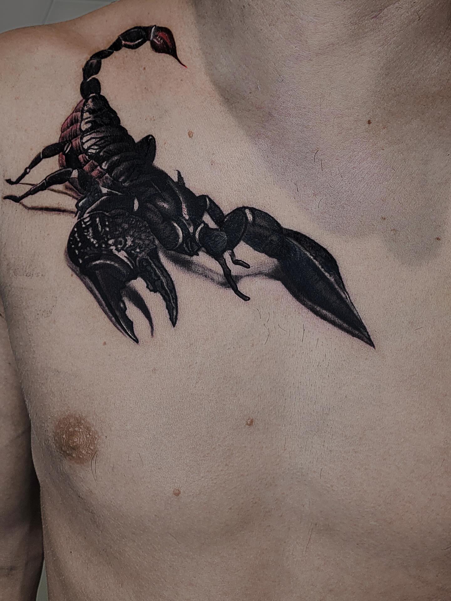 Scorpion black and grey tattoo on the chest by Артем Летний