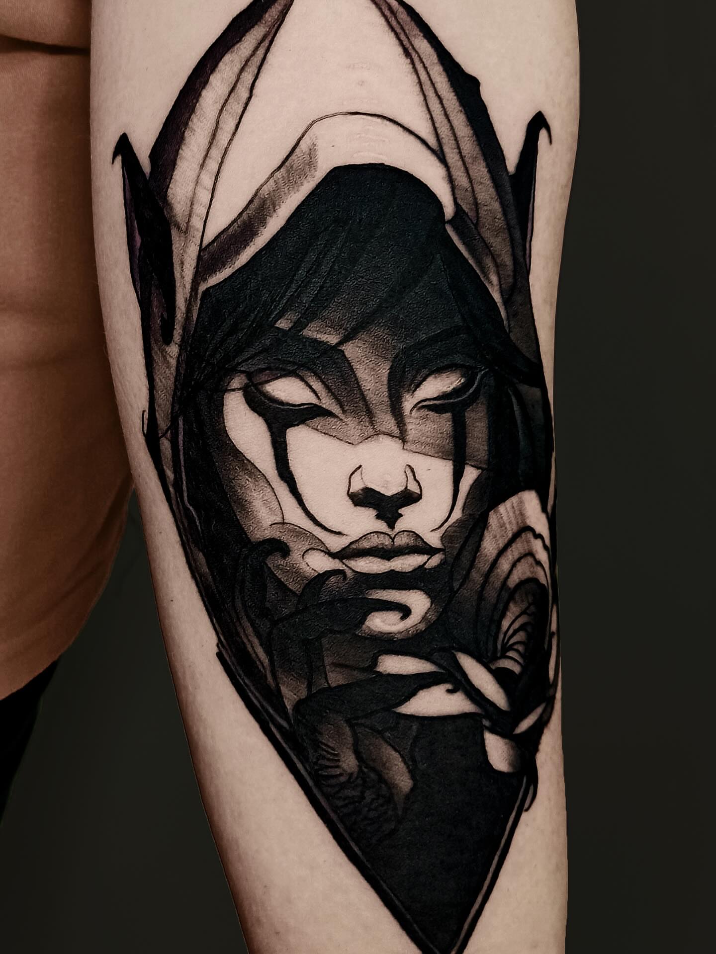 Woman black and grey tattoo on the forearm by Артем Летний