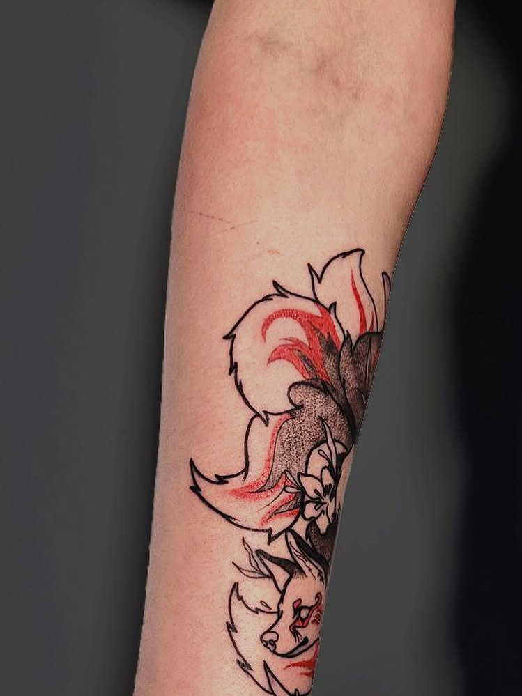 Floral arrangement dotwork tattoo on the forearm by Артем Летний