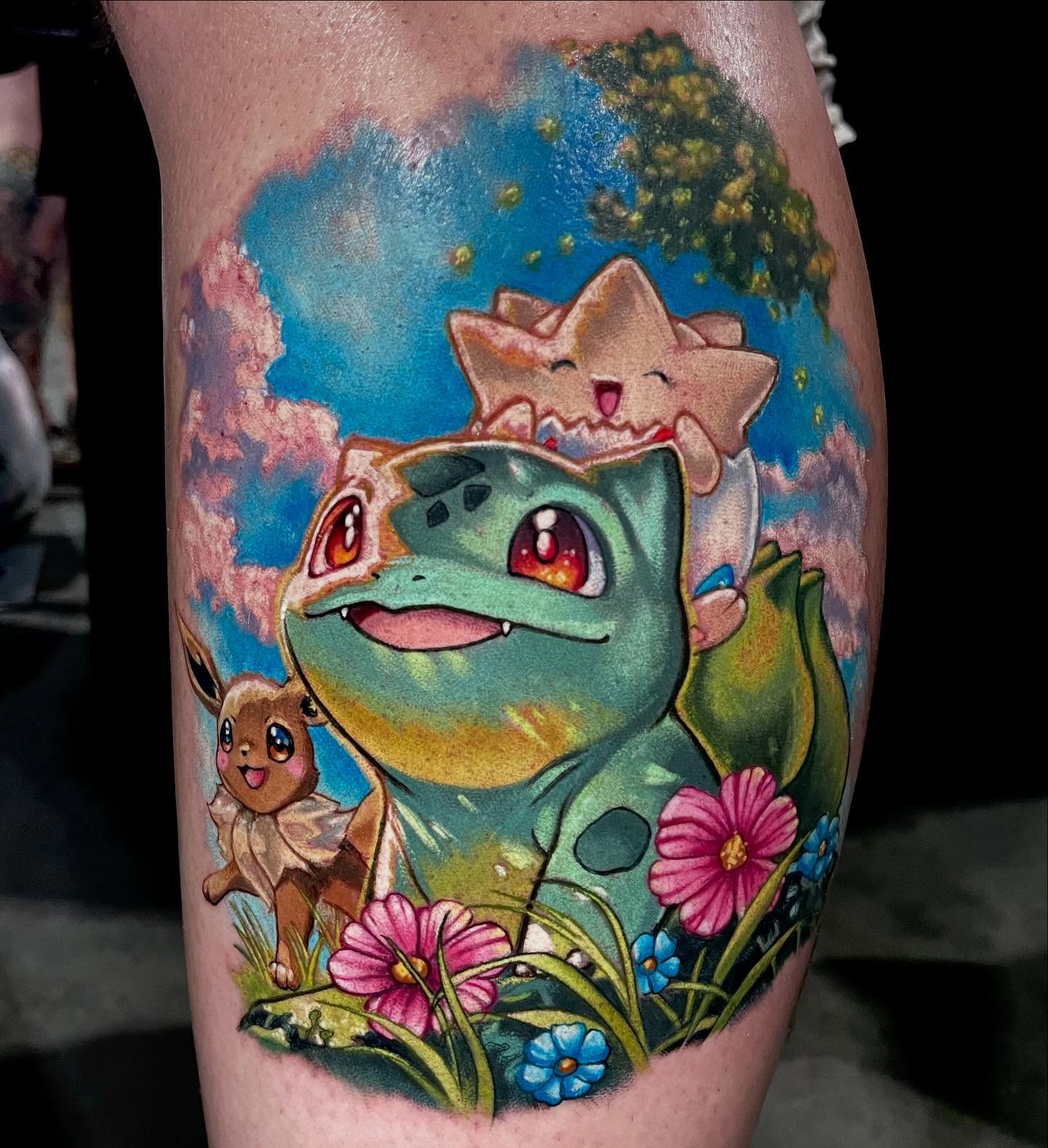 Frog and starfish new school tattoo on the thigh by Shana 🍊Orlando,Fl