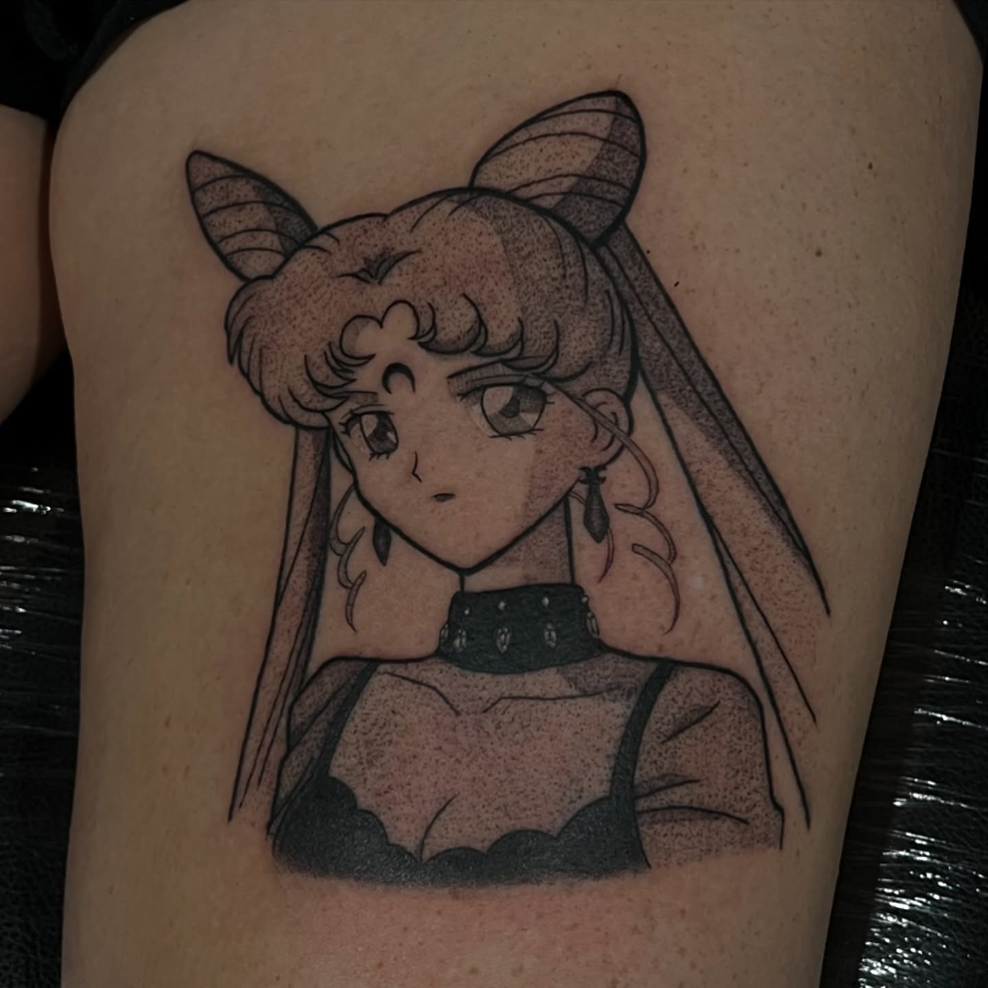 Anime character dotwork tattoo on the thigh by π©π΄π πππΎπβ― π―πΆππβ΄β΄ ππππΎππ