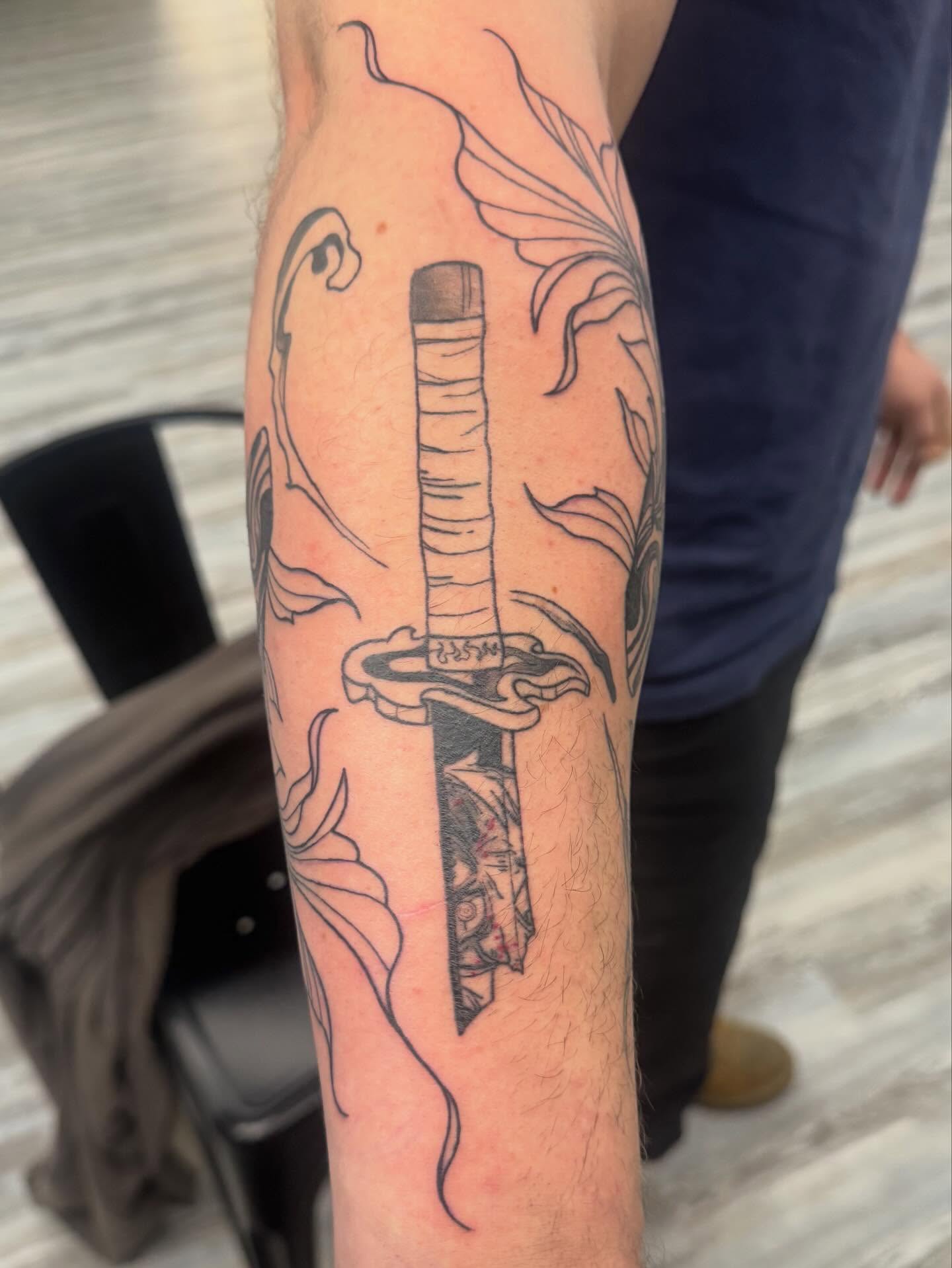 Katana black and grey tattoo on the forearm by Breanna💉🔮, Dover, Delaware