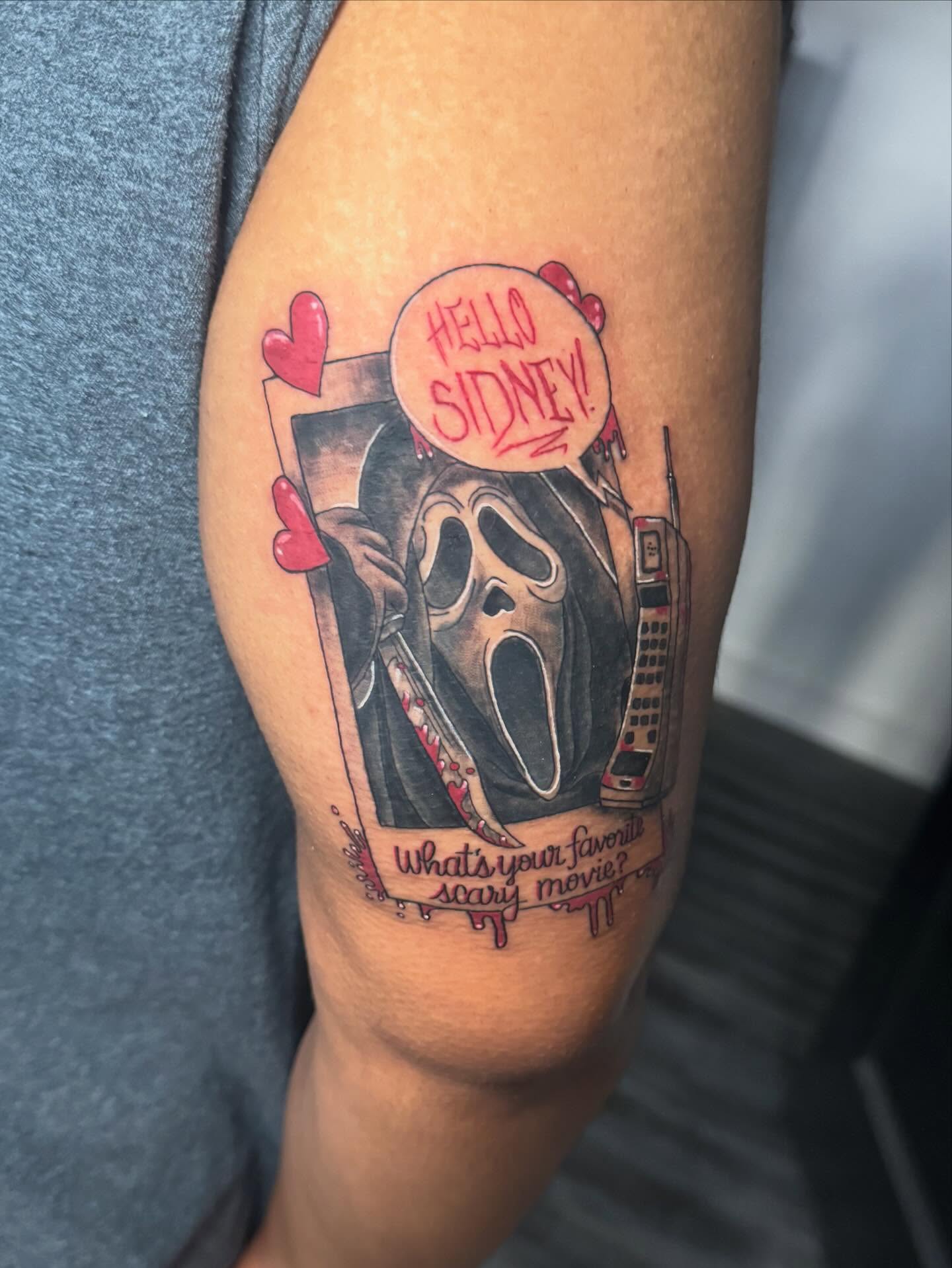 Scream mask black and grey tattoo on the forearm by Breanna💉🔮, Dover, Delaware