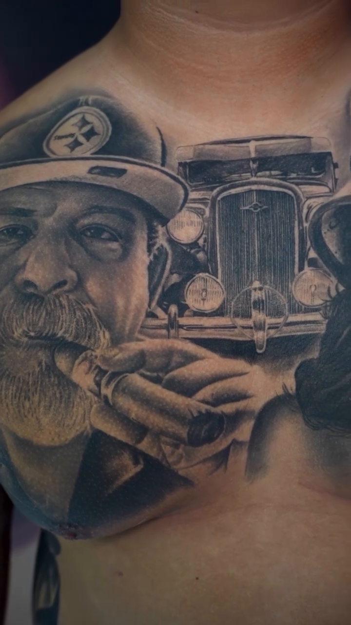 Couple with vintage car realism tattoo by Danny Rodriguez