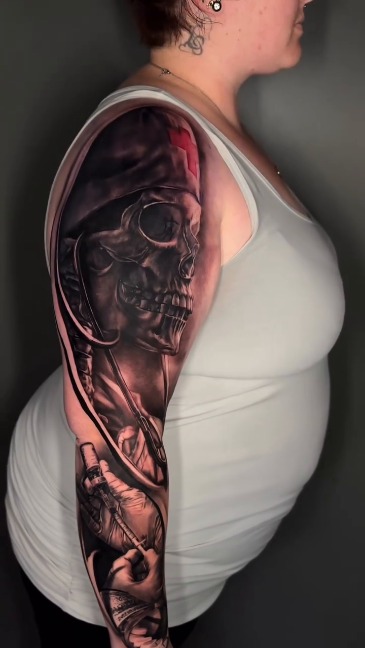 Skull and snake sleeve dark realism tattoo by Dakota Case