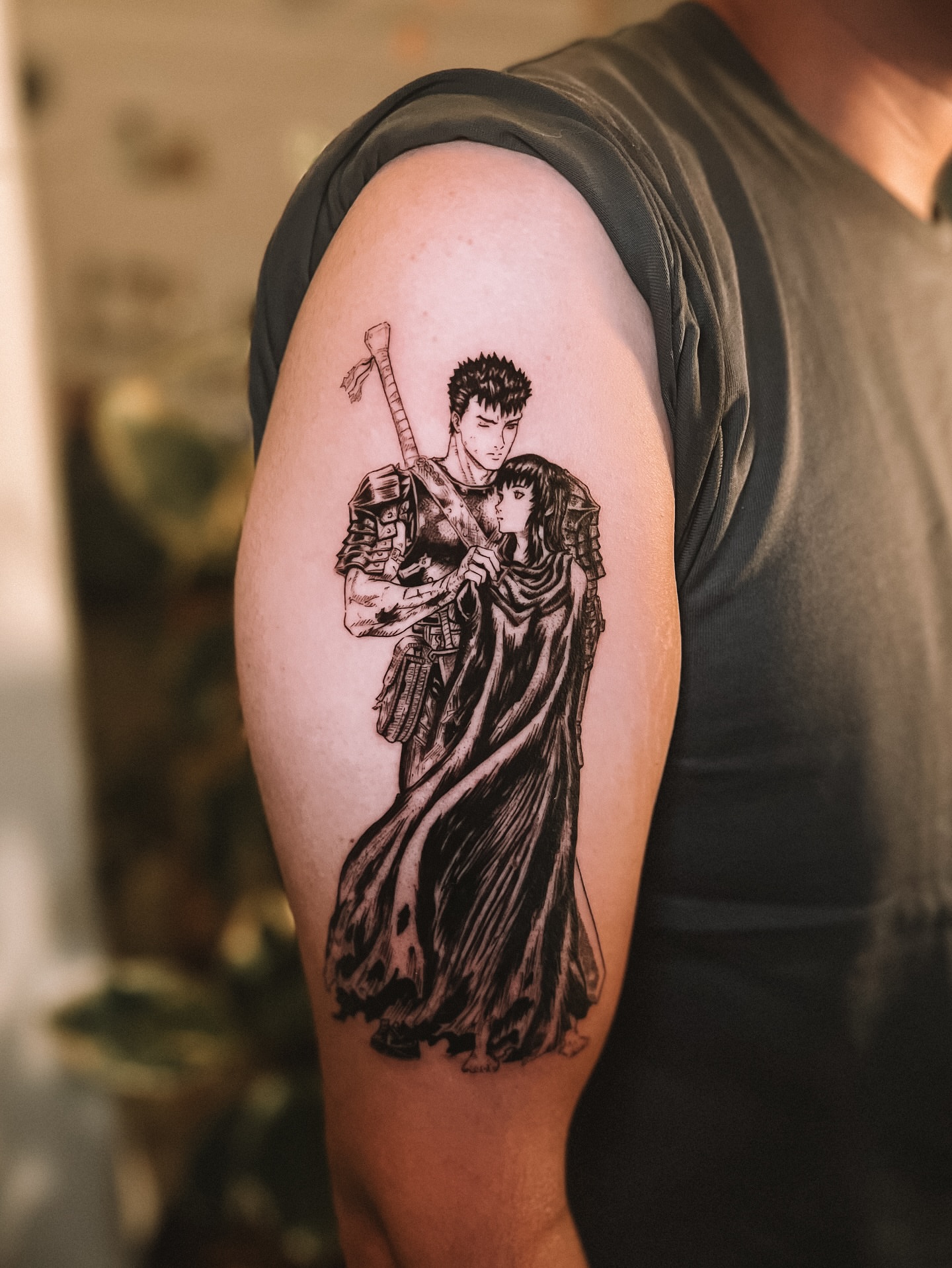 Samurai couple realism tattoo on the upper arm by sebs phạm, Los Angeles, California