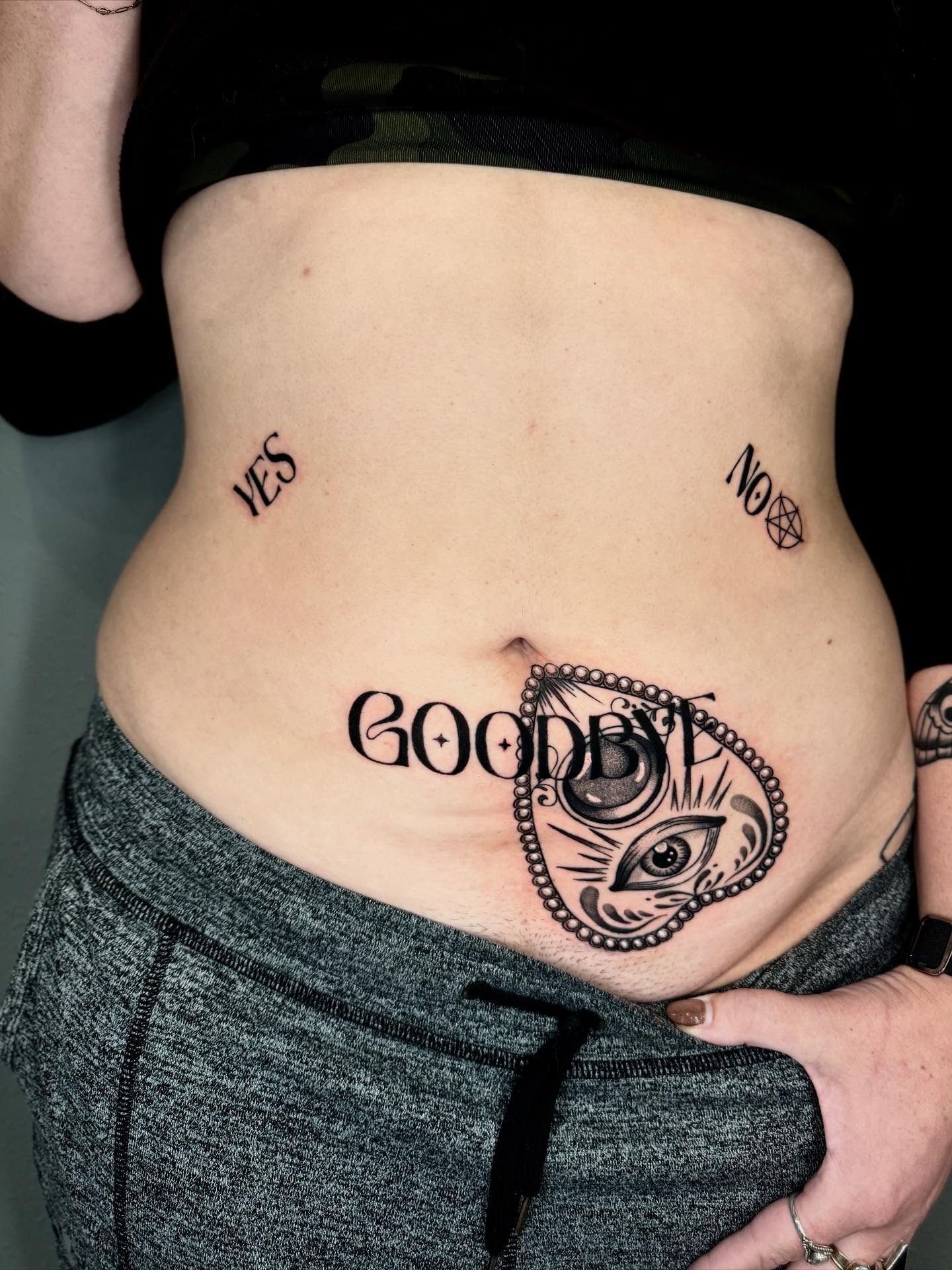 Goodbye geometric tattoo on the torso by Amber Starr, Midvale, Utah