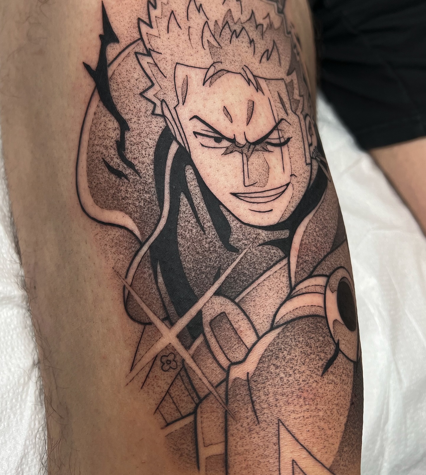 Anime character dotwork tattoo on the forearm by Z, Greenville, South Carolina