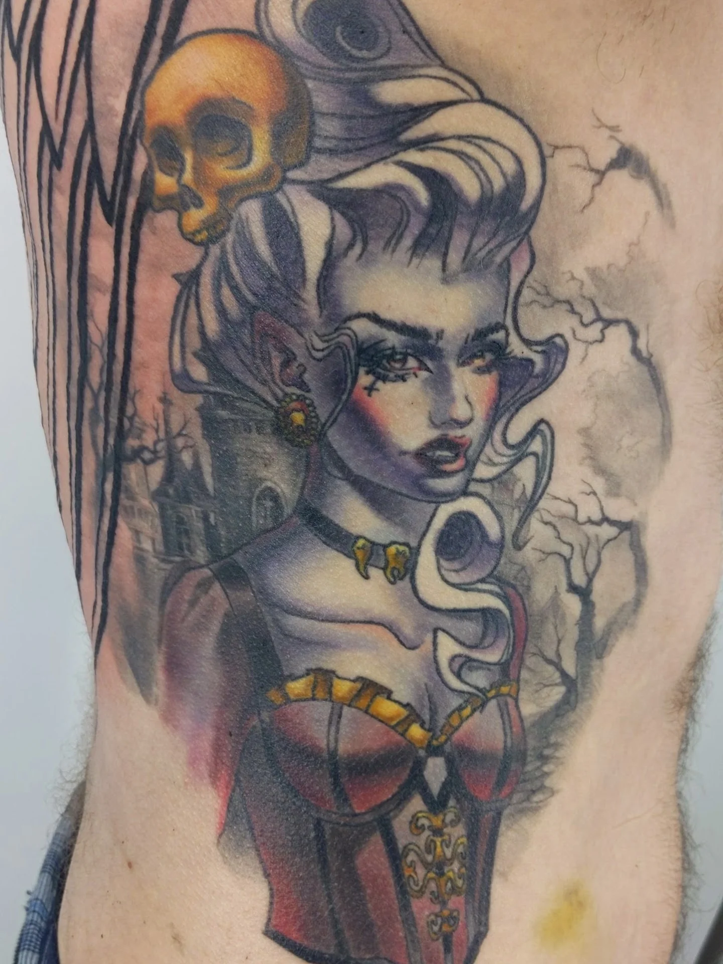 Vampire woman dark realism tattoo on the thigh by Lahel (Lay-el) Fowler
