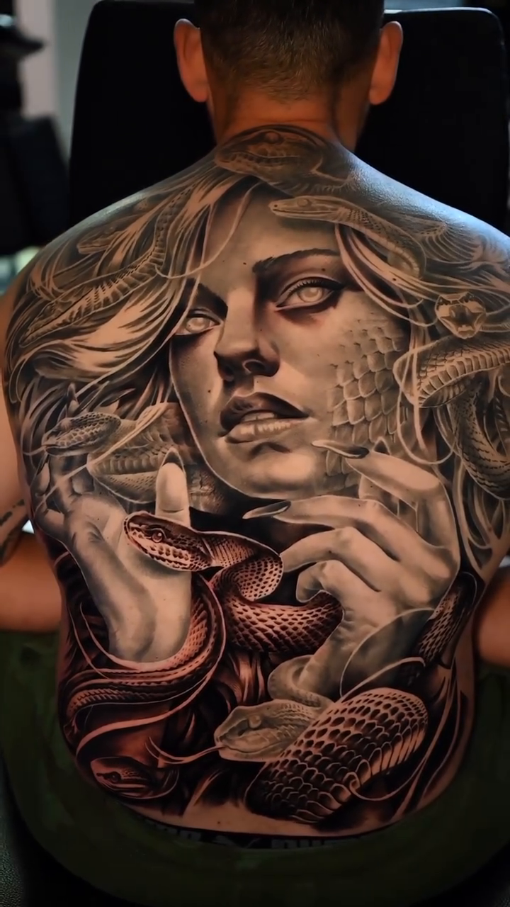 Medusa with snakes realism tattoo by 𝐉𝐨𝐧 𝐒𝐚𝐧𝐭𝐨𝐬