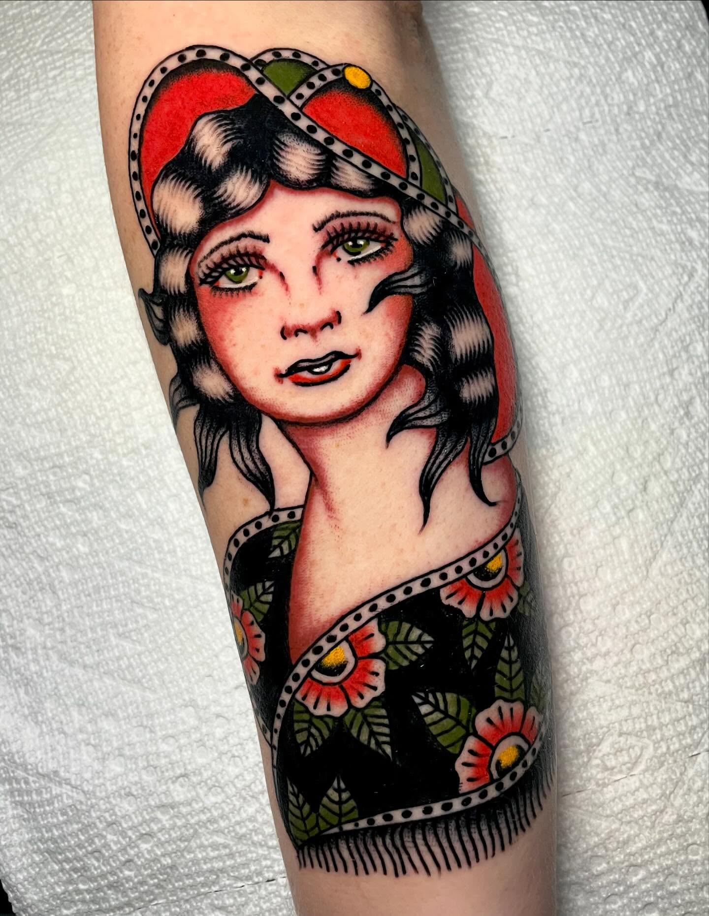 Flapper girl American traditional tattoo on the forearm by Cody Petkus