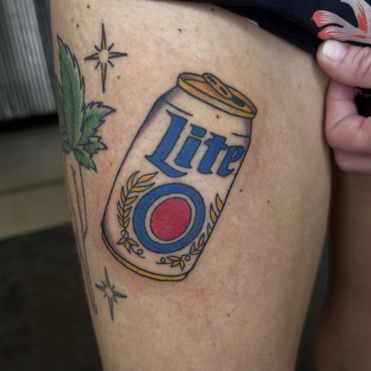 Miller Lite can American traditional tattoo on the thigh by Bregan ✨