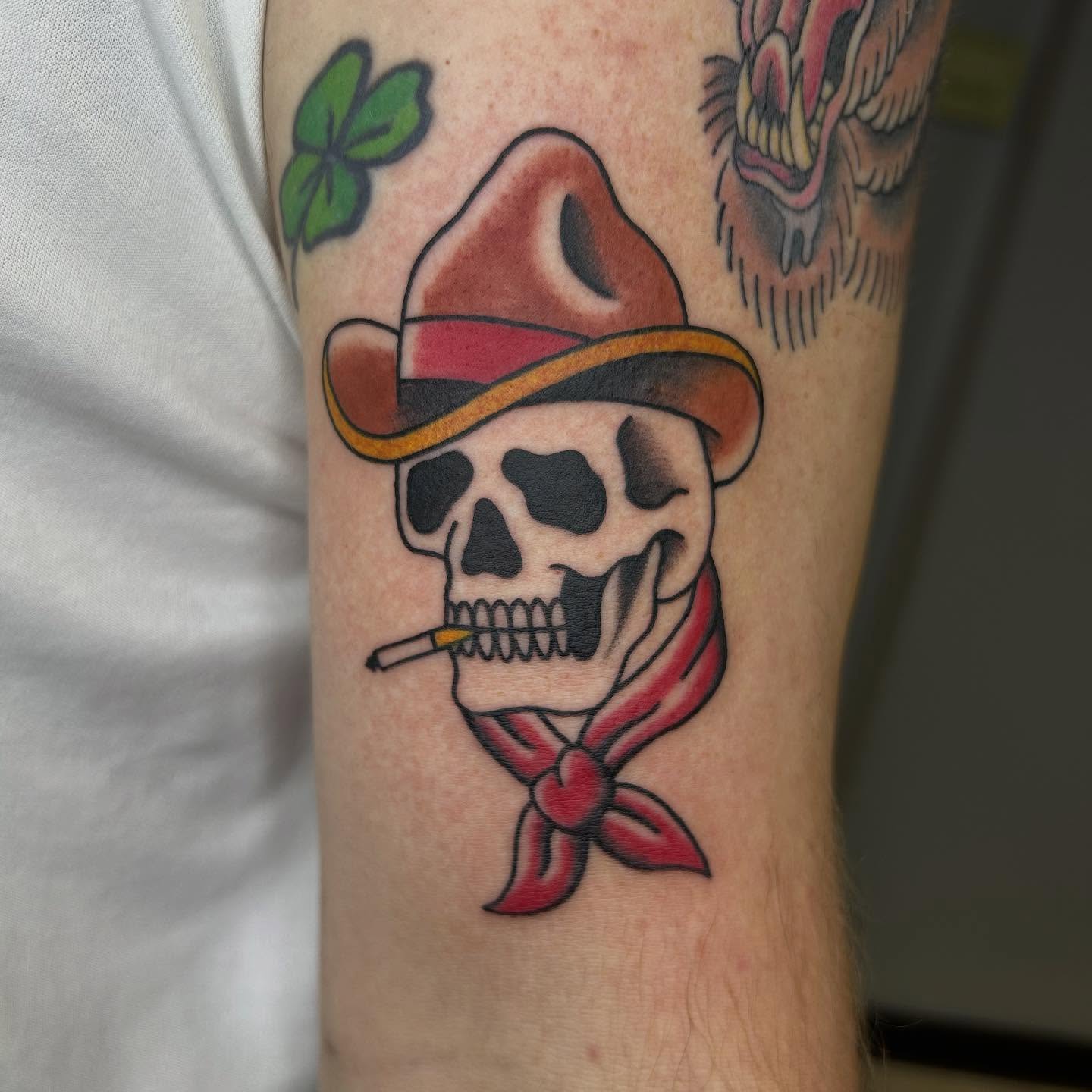 Skull wearing sombrero American traditional tattoo on the forearm by Bregan ✨